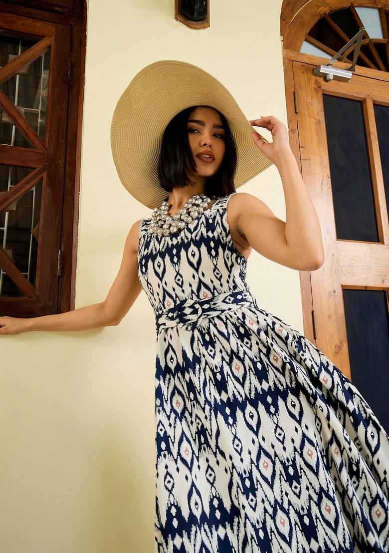 Navy Blue Embroidered Cotton Dresses