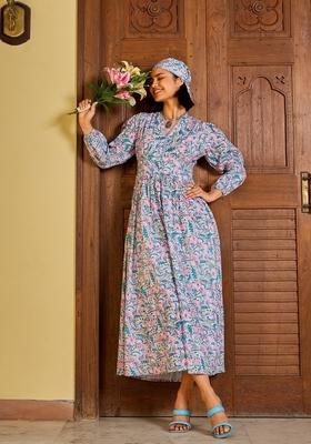 Blue Embroidered Cotton Dresses