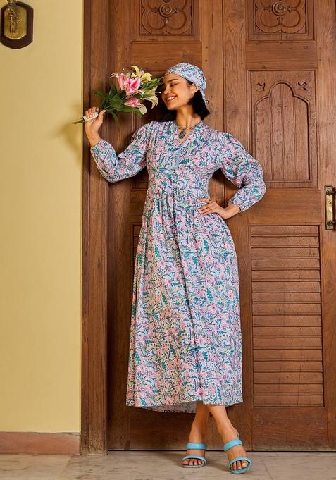 Blue Embroidered Cotton Dresses