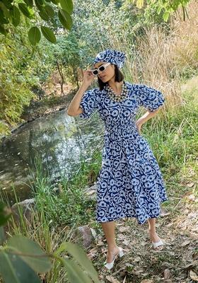 Blue Embroidered Cotton Dresses