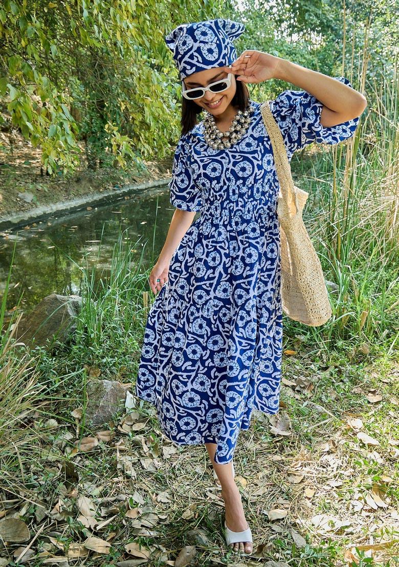 Blue Embroidered Cotton Dresses