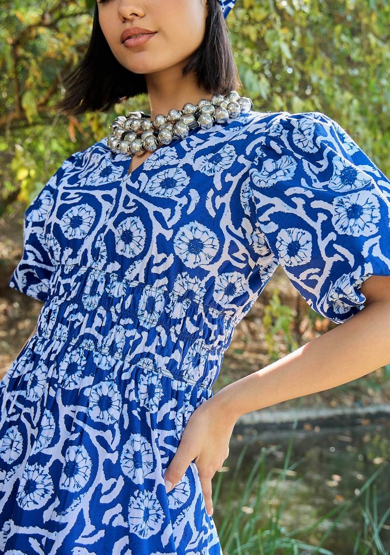 Blue Embroidered Cotton Dresses
