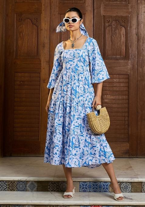 Blue Embroidered Cotton Dresses