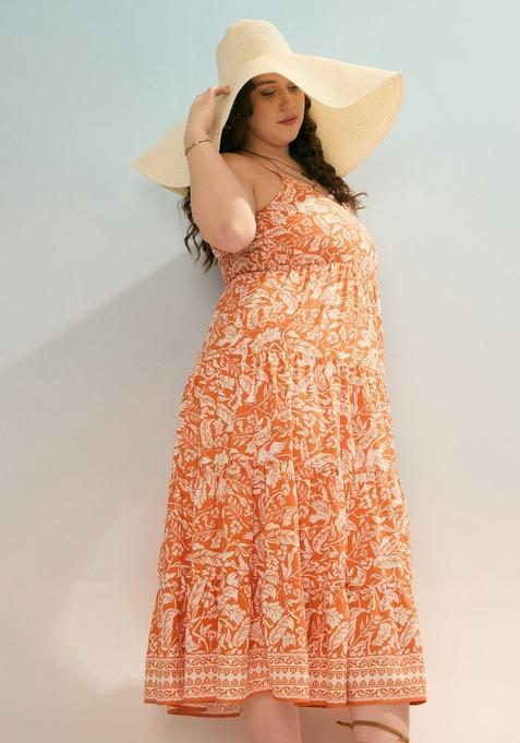 Orange Embroidered Polyester Dresses