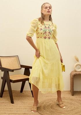 Yellow Embroidered Polyester Dresses