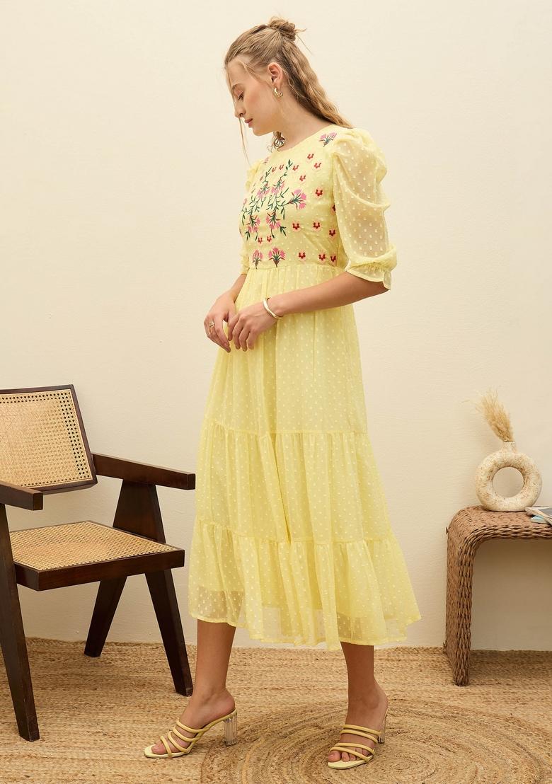 Yellow Embroidered Polyester Dresses