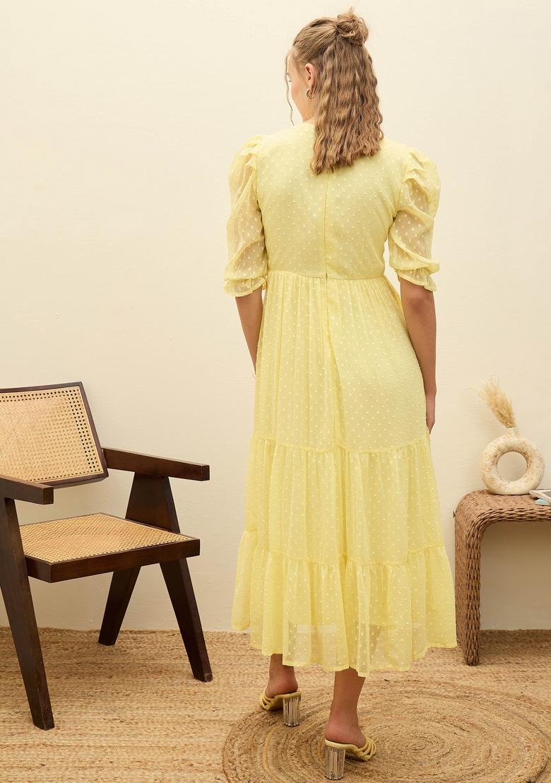 Yellow Embroidered Polyester Dresses