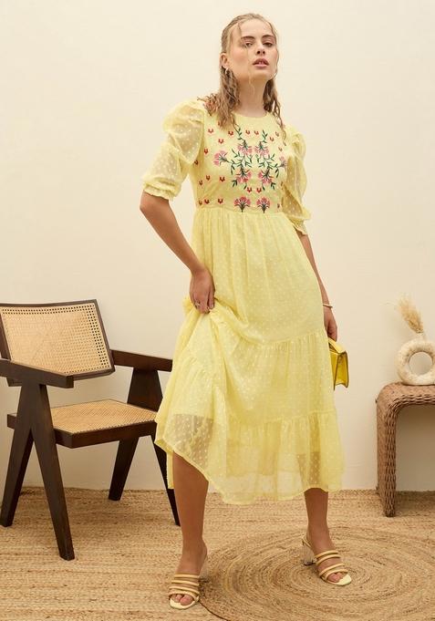 Yellow Embroidered Polyester Dresses