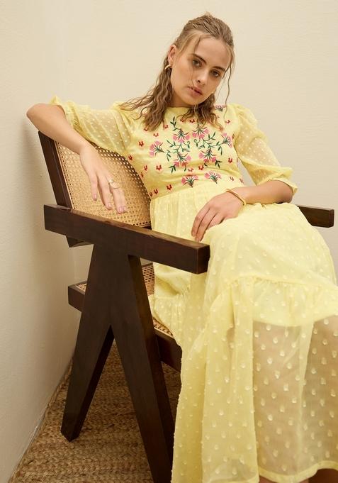 Yellow Embroidered Polyester Dresses