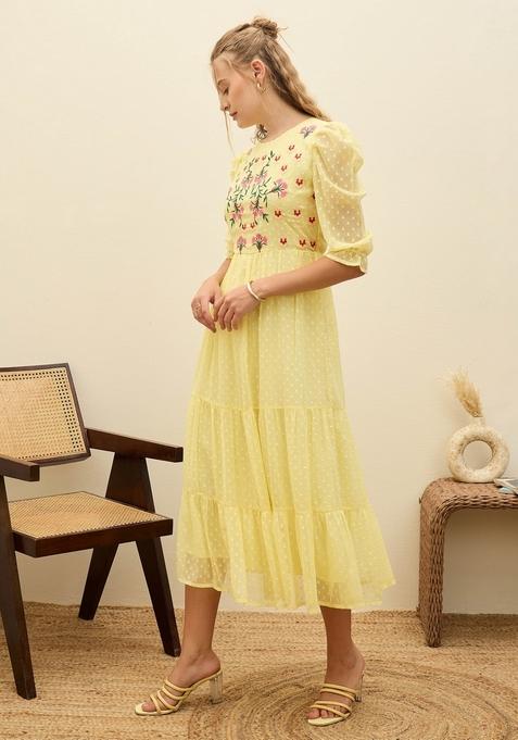 Yellow Embroidered Polyester Dresses