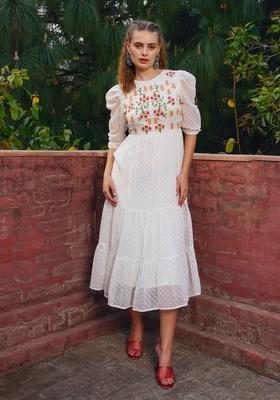 White Embroidered Polyester Dresses