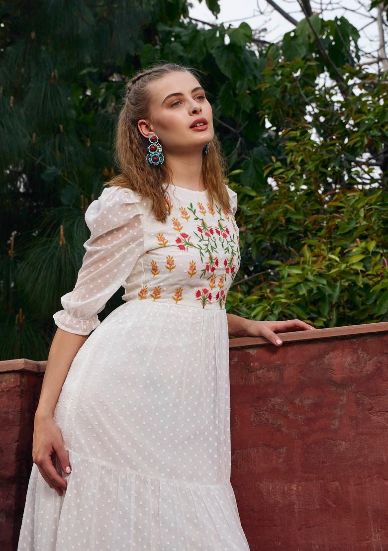 White Embroidered Polyester Dresses