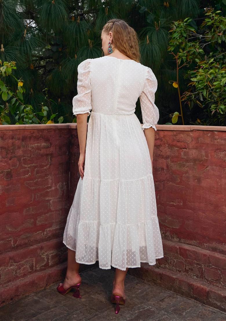 White Embroidered Polyester Dresses