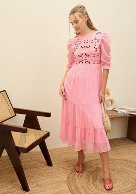 Pink Embroidered Polyester Dresses