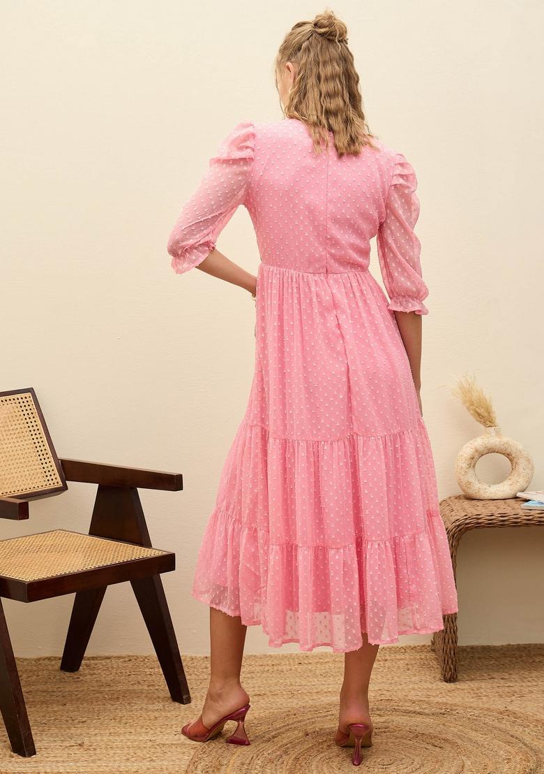 Pink Embroidered Polyester Dresses