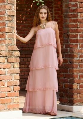 Peach Embroidered Polyester Dresses