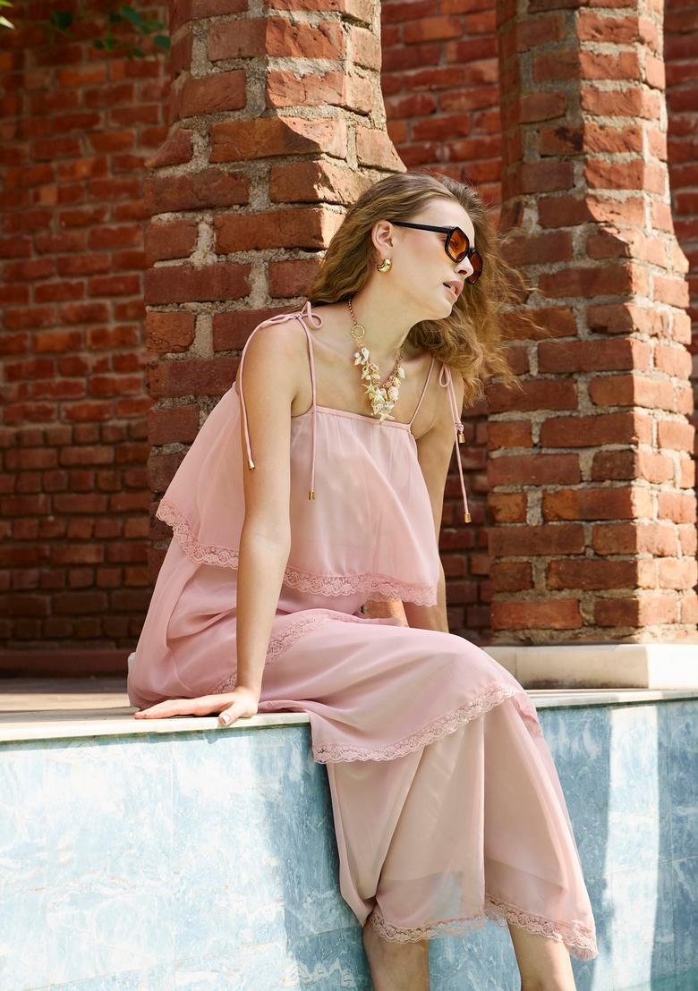 Peach Embroidered Polyester Dresses