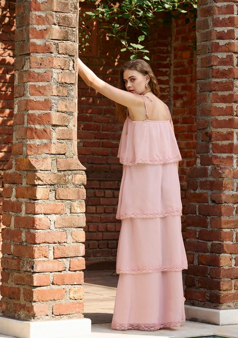 Peach Embroidered Polyester Dresses