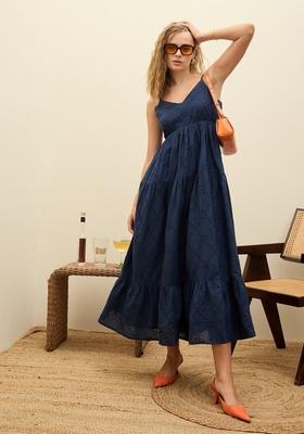 Navy Blue Embroidered Cotton Dresses