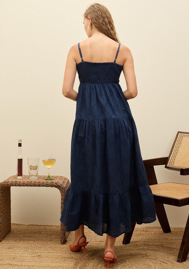 Navy Blue Embroidered Cotton Dresses