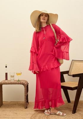 Fuchsia Pink Embroidered Polyester Dresses