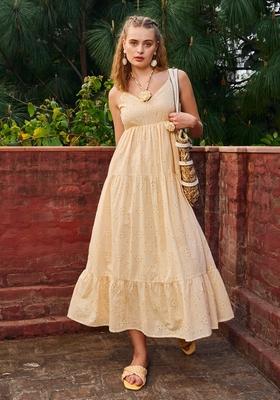 Ecru Beige Embroidered Cotton Dresses