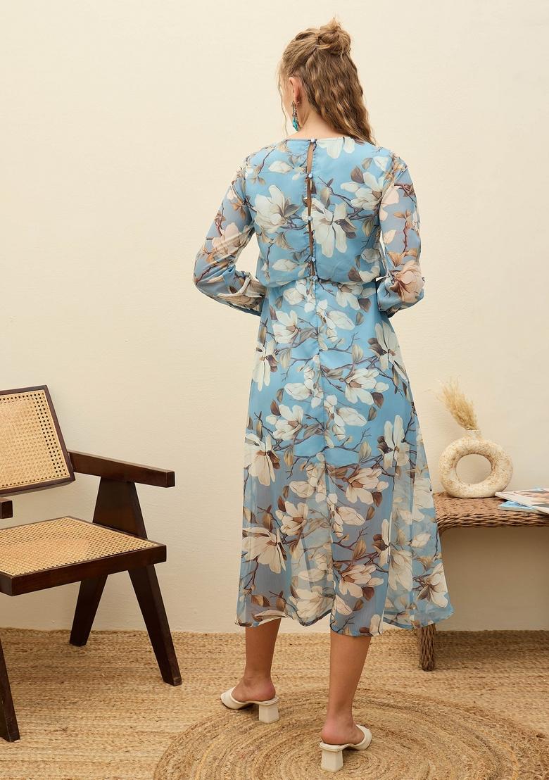 Blue Embroidered Polyester Dresses