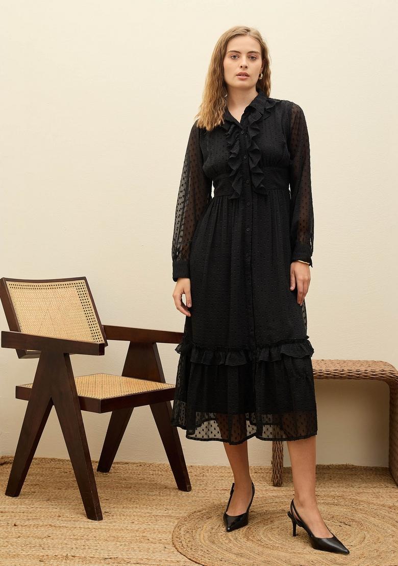 Black Embroidered Polyester Dresses