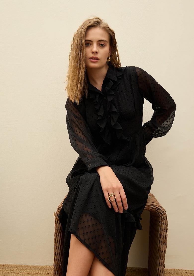 Black Embroidered Polyester Dresses