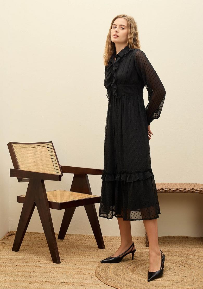 Black Embroidered Polyester Dresses