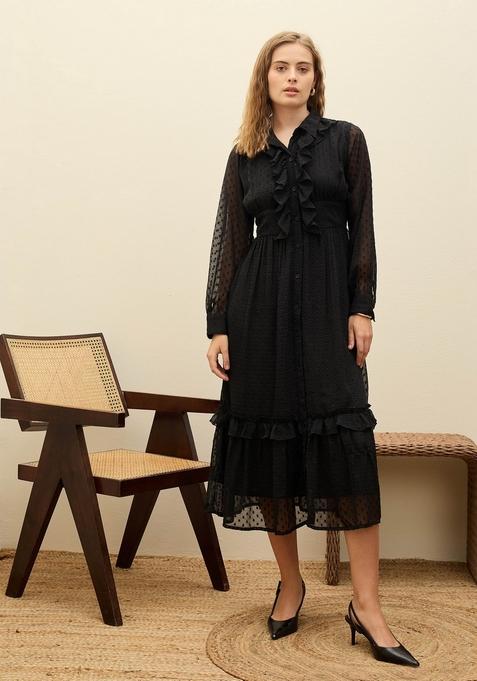 Black Embroidered Polyester Dresses
