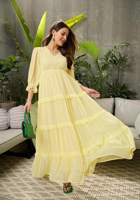 Yellow Embroidered Polyester Dresses