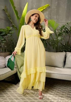 Yellow Embroidered Polyester Dresses