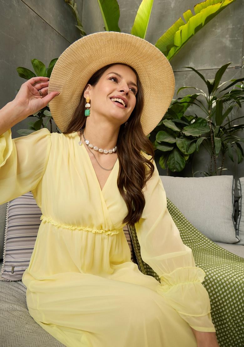 Yellow Embroidered Polyester Dresses