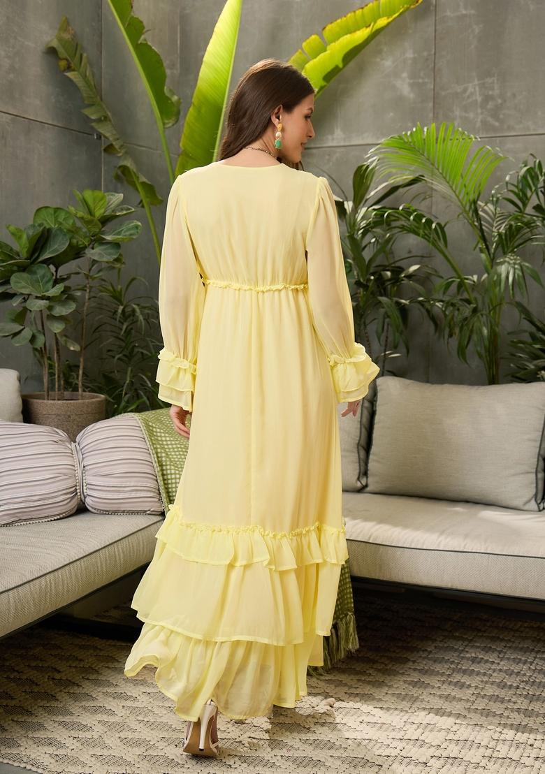 Yellow Embroidered Polyester Dresses