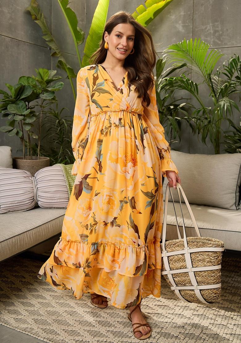 Yellow Embroidered Polyester Dresses