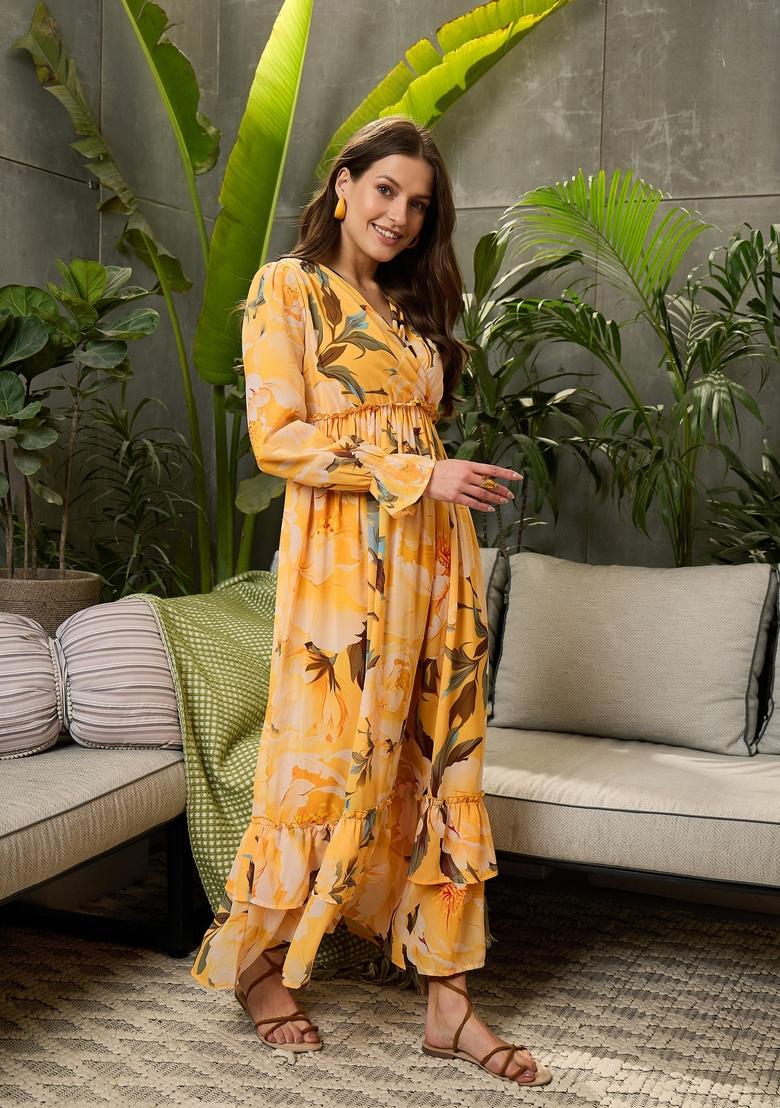 Yellow Embroidered Polyester Dresses