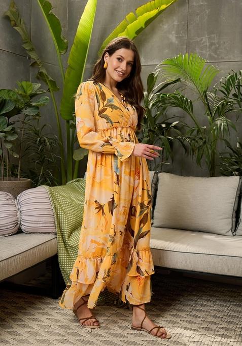 Yellow Embroidered Polyester Dresses