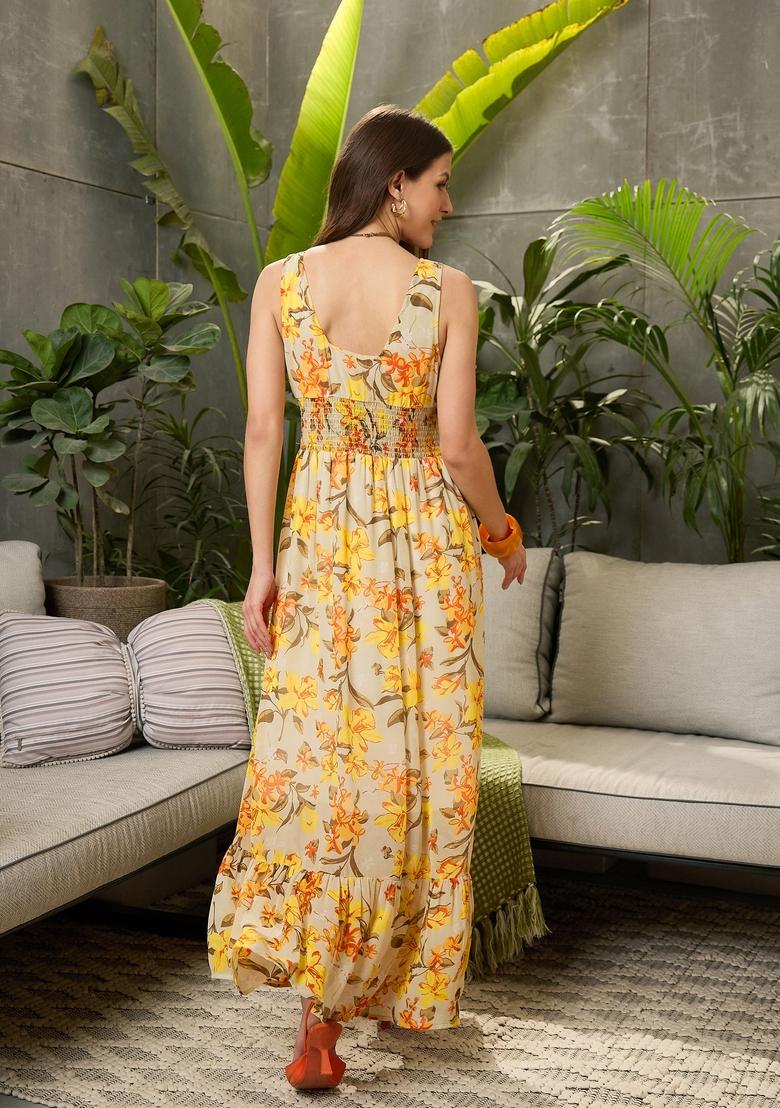 Yellow Embroidered Polyester Dresses