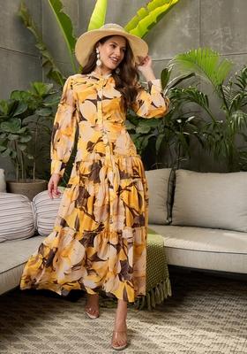 Yellow Embroidered Polyester Dresses