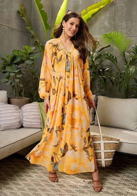 Yellow Embroidered Polyester Dresses