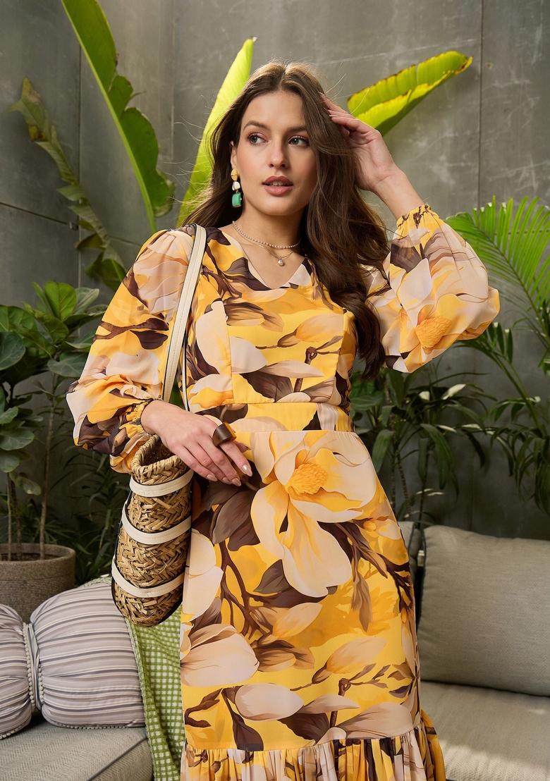 Yellow Embroidered Polyester Dresses