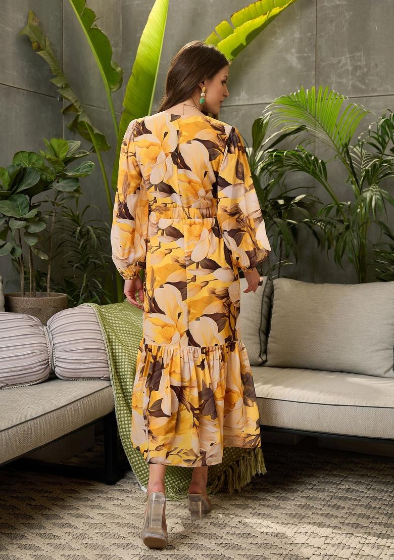 Yellow Embroidered Polyester Dresses