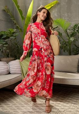 Red Embroidered Polyester Dresses