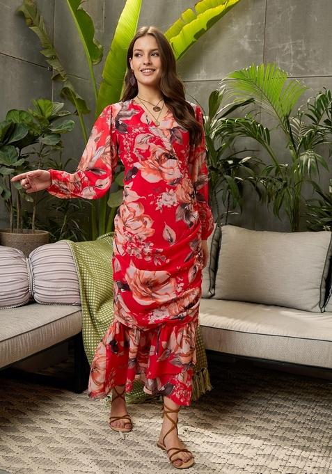 Red Embroidered Polyester Dresses