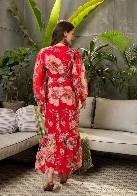 Red Embroidered Polyester Dresses