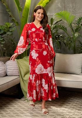 Red Floral Print Polyester Gown