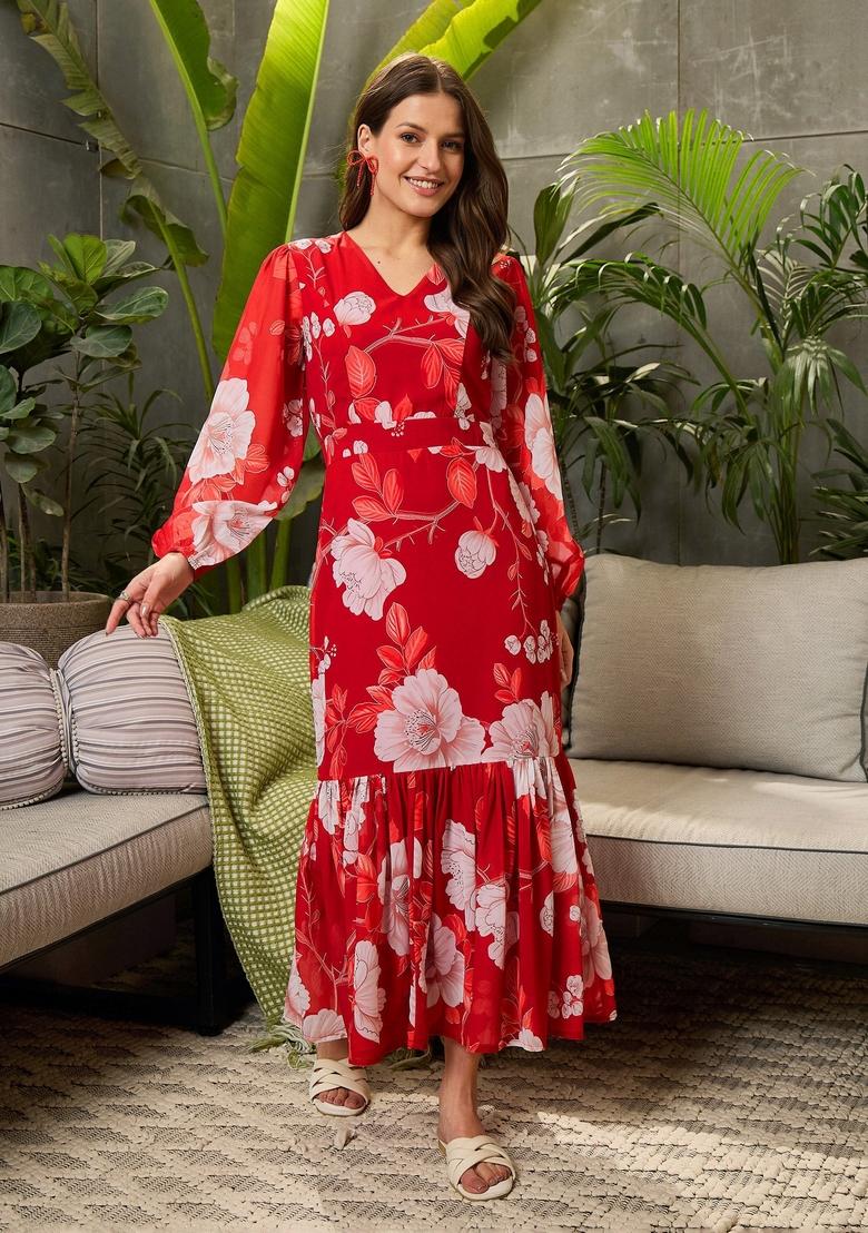 Red Embroidered Polyester Dresses