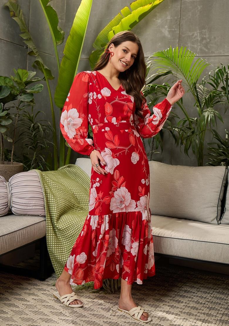 Red Embroidered Polyester Dresses