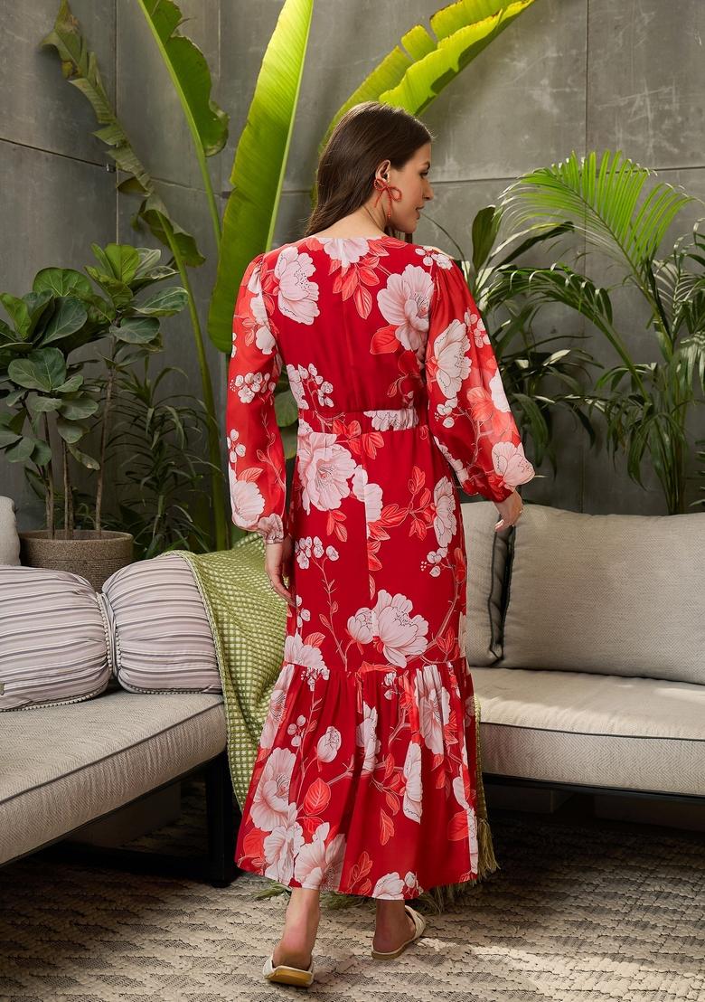 Red Embroidered Polyester Dresses